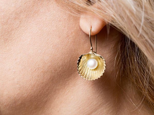 Hand Made Sterling Silver Gold Plated Big Cockle Clam Earring with Pearl