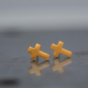 Hand Made Sterling Silver Gold Plated Tiny Cross Studs