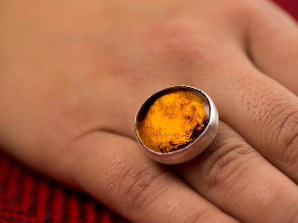 Hand Made Sterling Silver Big Amber Adjustable Pastille Ring