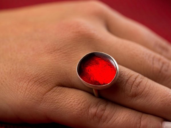 Hand Made Sterling Silver Big Fire Red Adjustable Pastille Ring