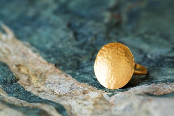 Hand Made Sterling Silver Gold Plated Hammered Disk Ring