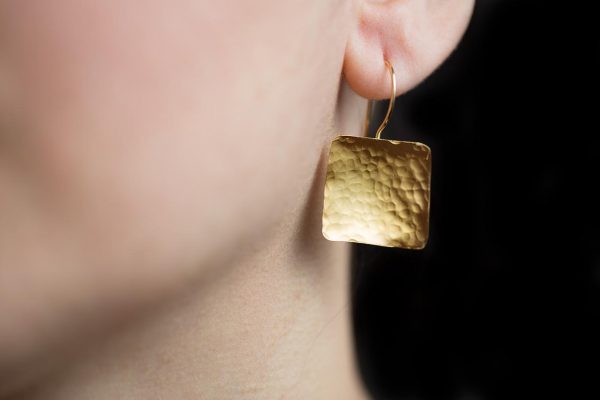 Hand Made Sterling Silver Gold Plated Hammered Square Earrings