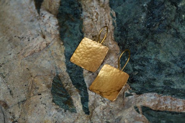 Hand Made Sterling Silver Gold Plated Hammered Square Earrings