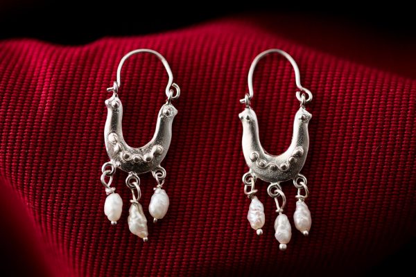 Hand Made Sterling Silver Double Doves Byzantine Hoops With Pearls