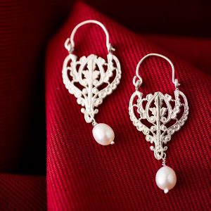Hand Made Sterling Silver Small Laced Byzantine Hoops with Pearl