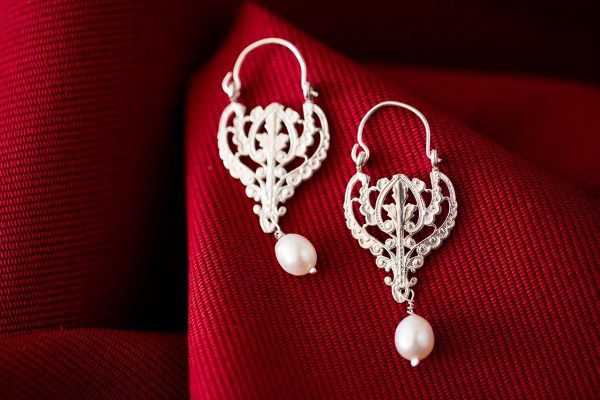 Hand Made Sterling Silver Small Laced Byzantine Hoops with Pearl