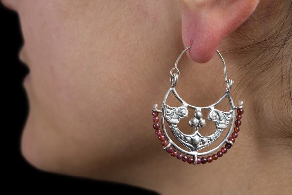 Hand made sterling silver Byzantine hoops with semi precious stones